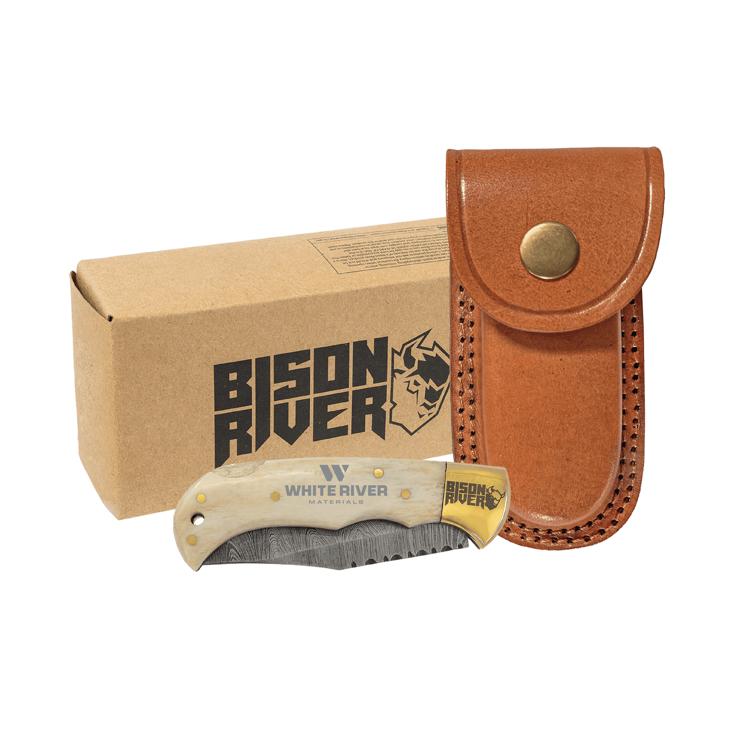 Bison River 3 3/4" Bone Folding Knife with Damascus Steel Blade and Leather Sheath - WRM